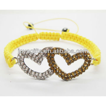 95B0229-1/Double heart shape two colors diamante alloy woven bracelet/rhinestone woven bracelet/woven crystal bracelet